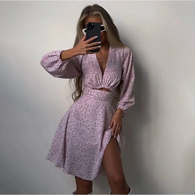 

Women's Summer New Fashion Long SleeveVCollar Inspirational Design Dress Slimming Printed French Style DressWlj