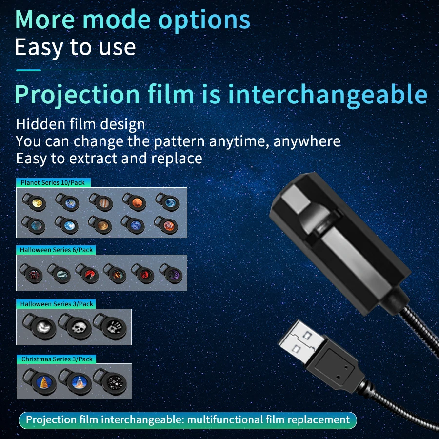 Newest Halloween/Christmas/Planet Theme Mini USB Projection Lamp Atmosphere Light Switchable Pattern Design Festival Decor Gift