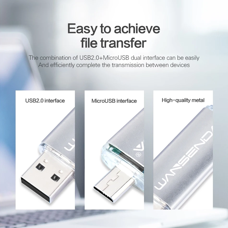 WANSENDA Multifunctional OTG USB Flash Drive 16GB 32GB 64GB Pendrive 128GB 256GB 2 IN 1 Dual Port MicroUSB Memory Stick