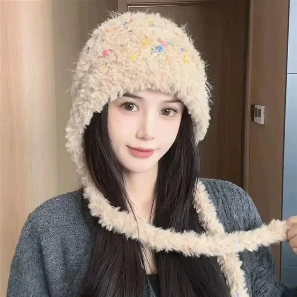 หมวกบีนนี่ขนเฟอร์เทียมกันหนาว หมวกเล่ยเฟิงถักไหมพรม ป้องกันความหนาว อุ่นสบาย สำหรับผู้หญิง