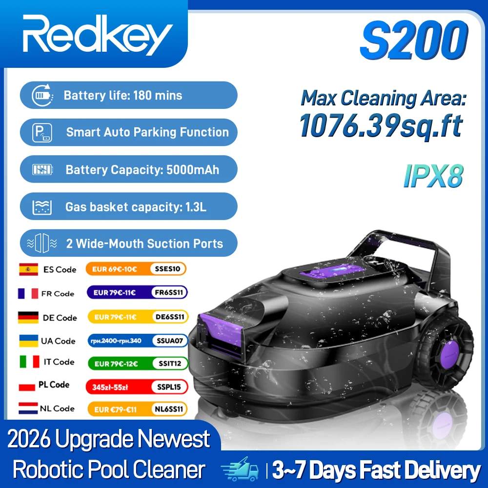 Nettoyeur de piscine robotisé sans fil Redkey S2, batterie 5000 mAh, temps de fonctionnement de 180 minutes, étanche IPX8, aspirateur de piscine automatique, un seul clic
