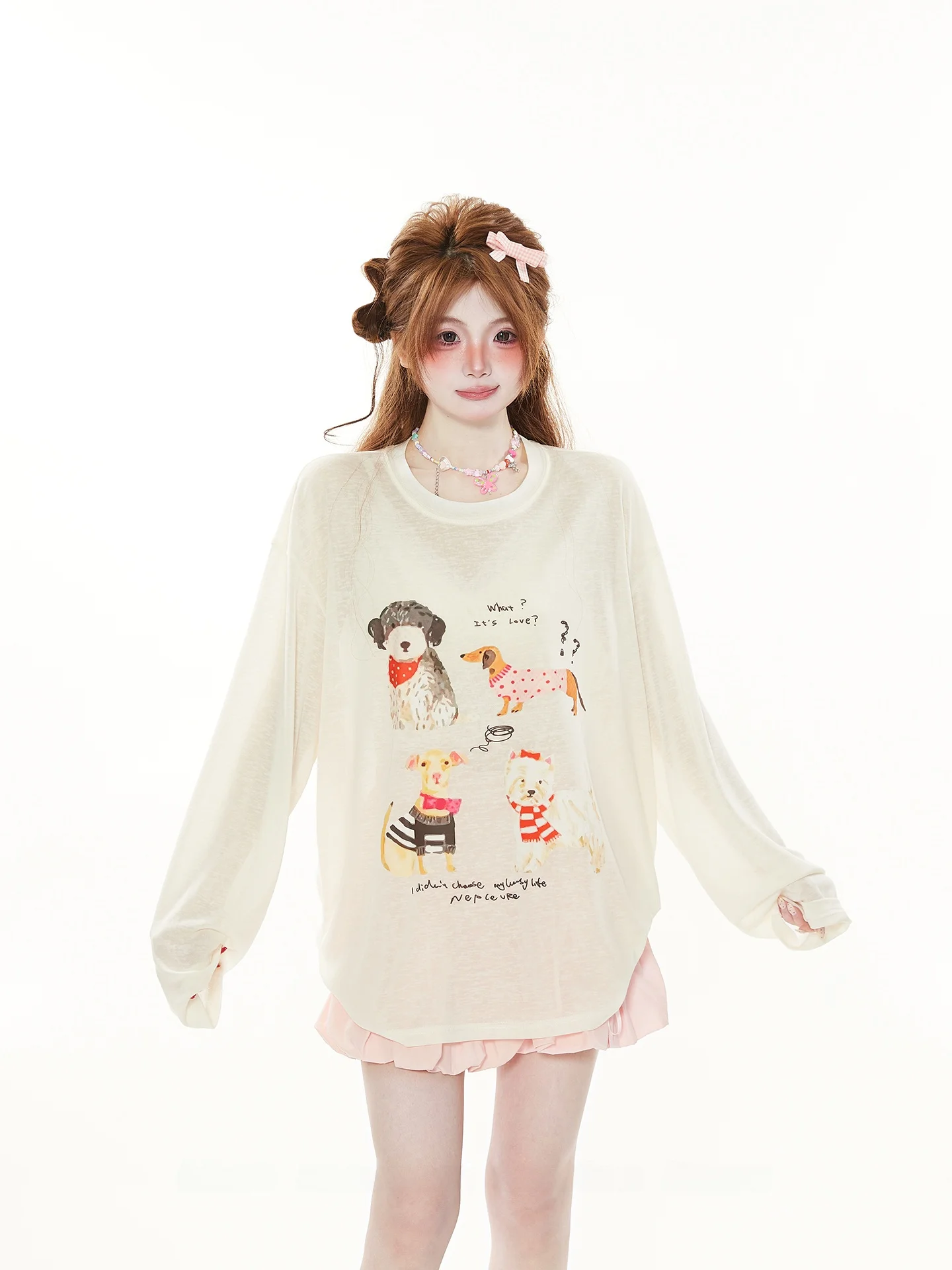 Spring Autumn Cool Feeling Thin Lenzing Long Sleeve Women's T-shirt Unique Design Cute Cartoon Dog Print Top Sweet Style