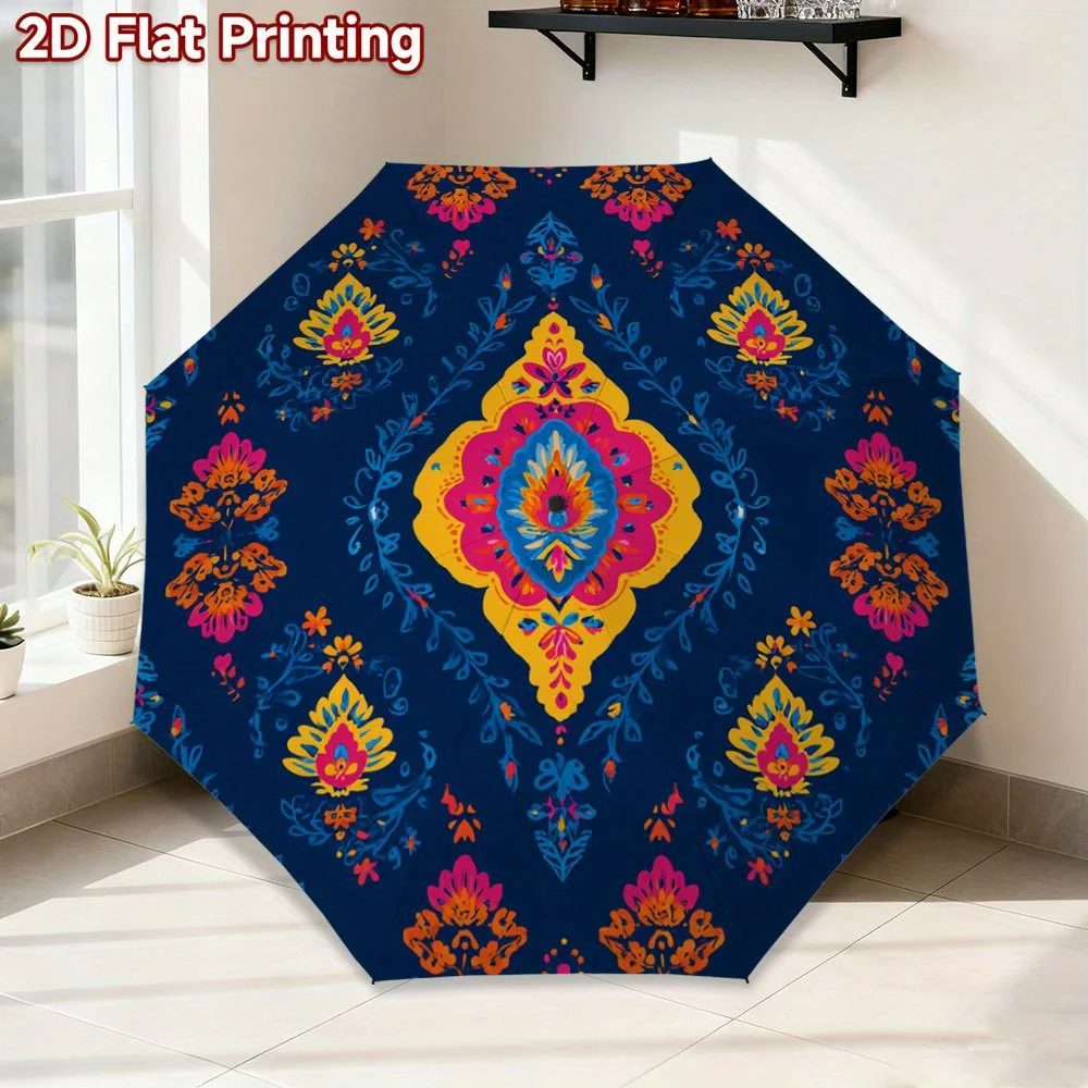 

1pc Automatic Folding Umbrella with Colorful Floral Folk Art Canopy & Automatic Open/Close System - 8-Rib Sturdy Frame, Automa