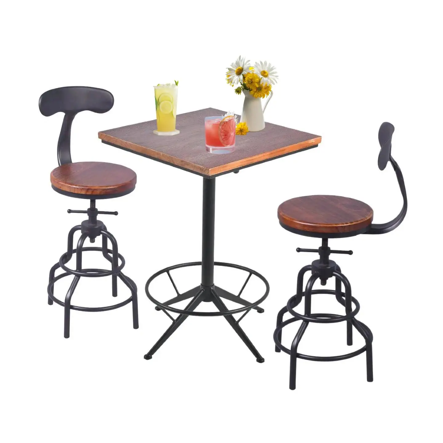 3 Piece Industrial Bar Table and Stool Set, Vintage Square Pub Bistro Table with 2 Adjustable Height Bar Stools with Backrest