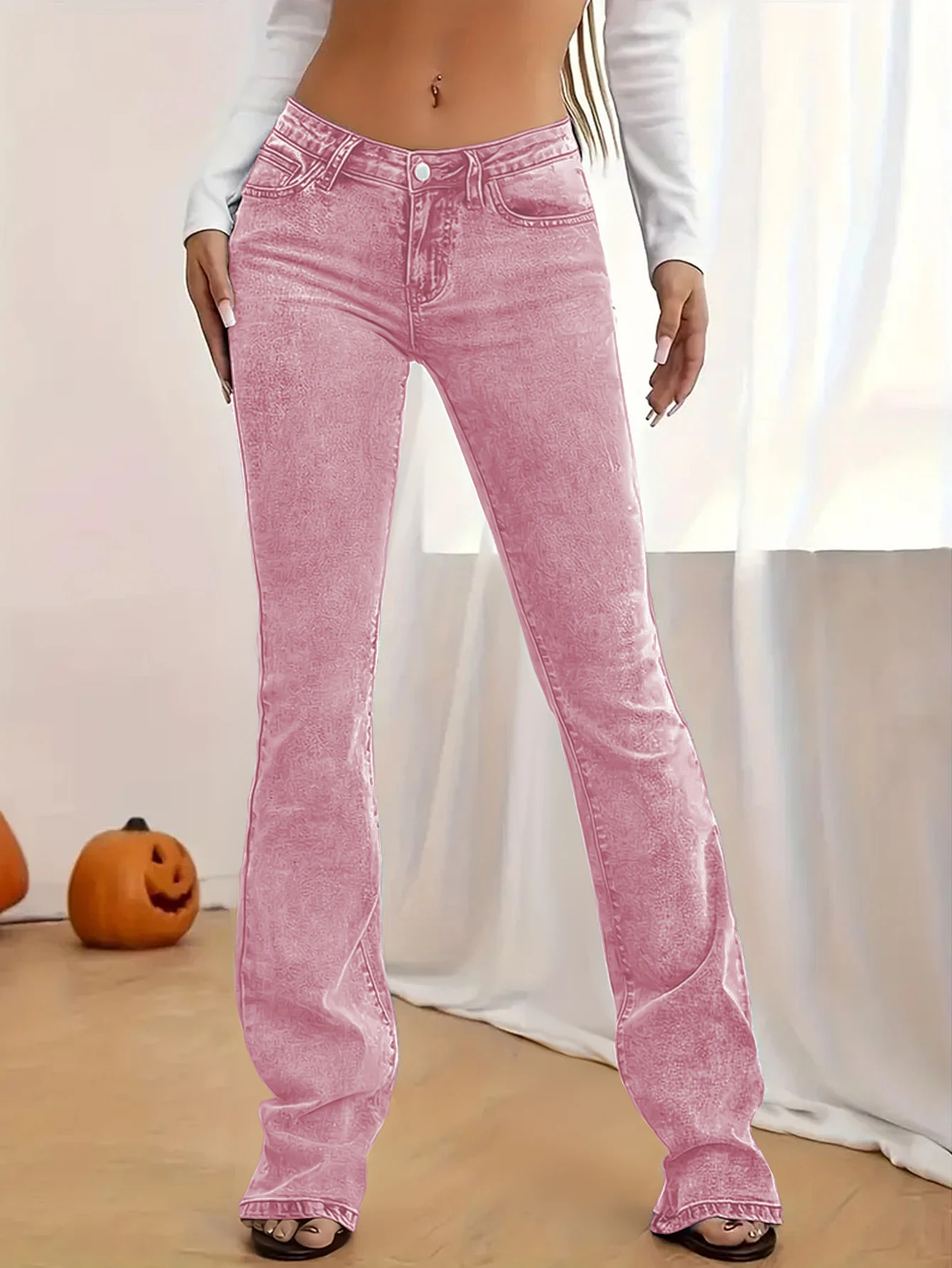 TOP Y2K-Women's stretch jeans pink wash, low waist slim fit fashionable sweet flared jeans, fashionable sexy jeans.
