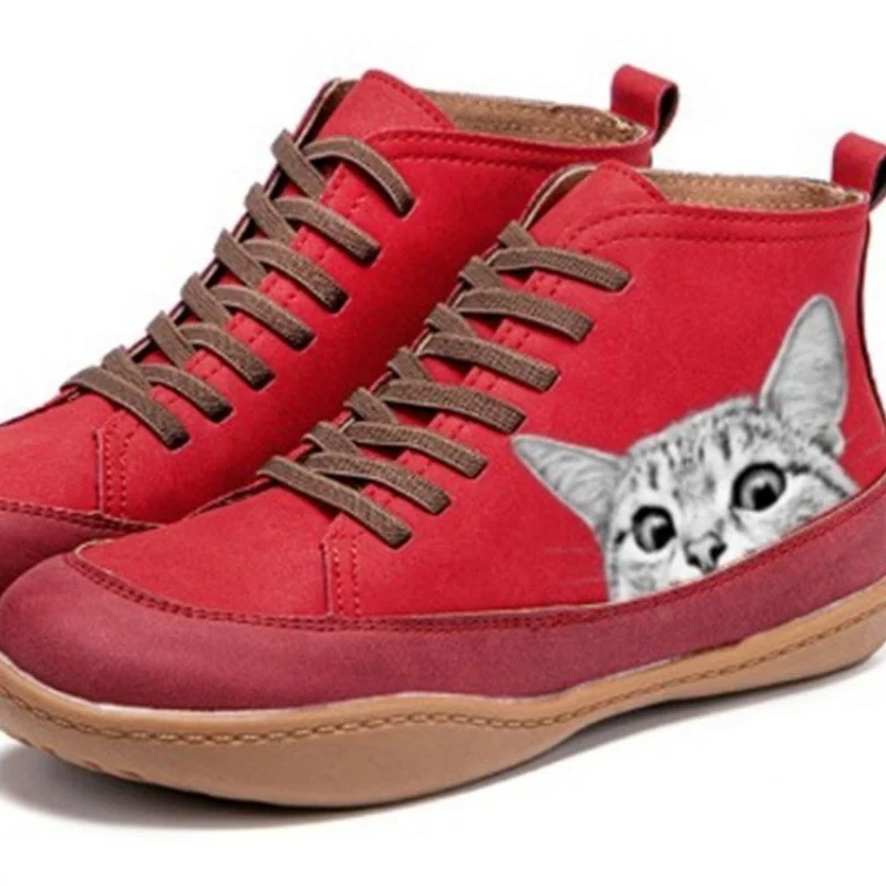 Sepatu bot wanita model Eropa dan Amerika tahun 2025, nyaman, ujung bulat besar, sepatu bot pendek, motif cetak kucing 2025