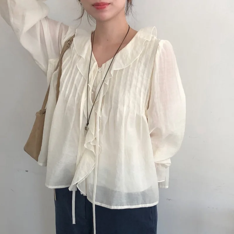 Romantic Sweet Lace Trim Long Sleeve Shirt Pleated Wave Collar Tie Micro Transparent Women's Fashion Spring 2026 China Origin