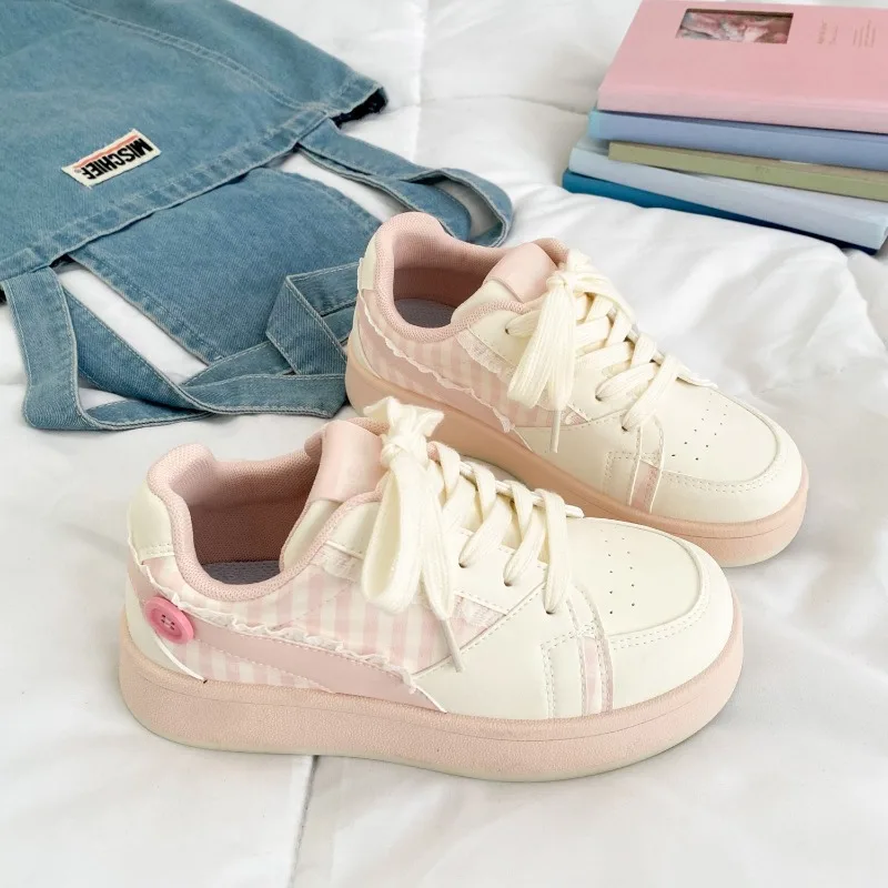 

2025 Women's Korean Vulcanized Board Shoes Pink Graffiti Thick Platform Sneakers Round Toe Breathable Casual Shoes Zapatos Mujer