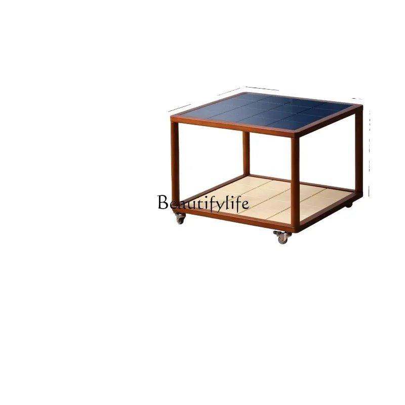 

3Solid wood tempered glass chessboard mobile coffee table, medieval style living room side table