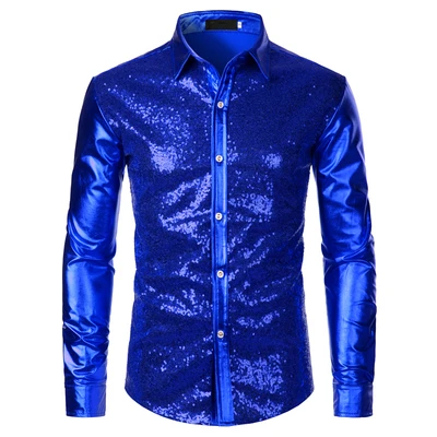 Men's Sequin Stitching Dance Shirt Gold Embroidery Patchwork Dancewear Slim Fit Long Sleeve Youthful Popular Polyester Shirt