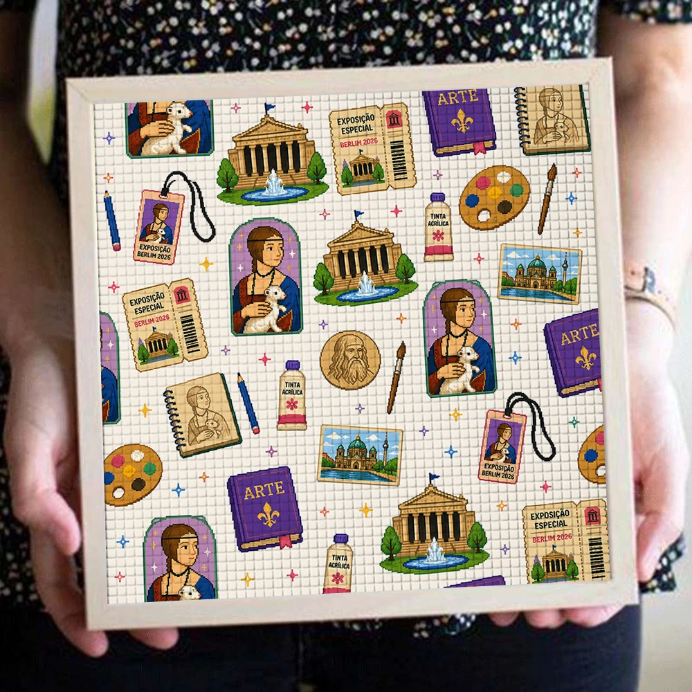 1 Stück rahmenloses Diamant-Malset „Da Vinci: Die Dame mit dem Hermelin“ – Vintage-Scrapbook-DIY-Bastelset mit runden Steinen für Heimdekoration und als Geschenk