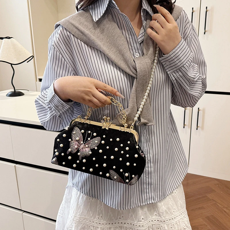 

Pearl Inlaid Shoulder Bag Evening Clutch Purse Crossbody Pack Lady Shell Bags Butterfly Pattern Handbag Cheongsam Accessories