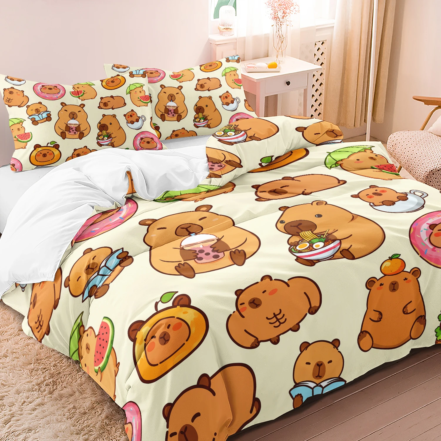 3Pcs Cream Capybara Duvet Cover Set, Capybara Bubble Tea Donut Burger Watermelon Pattern Bedding, Cute Animal Bedroom Decoration
