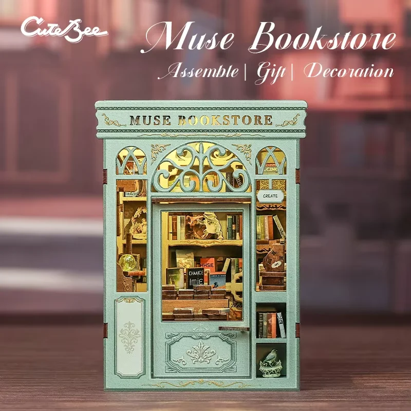 

CUTEBEE DIY Book Nook Kit DIY Doll House with LED Light Bookshelf Insert Muse Bookstore Model Collection For Birthday Child Gift