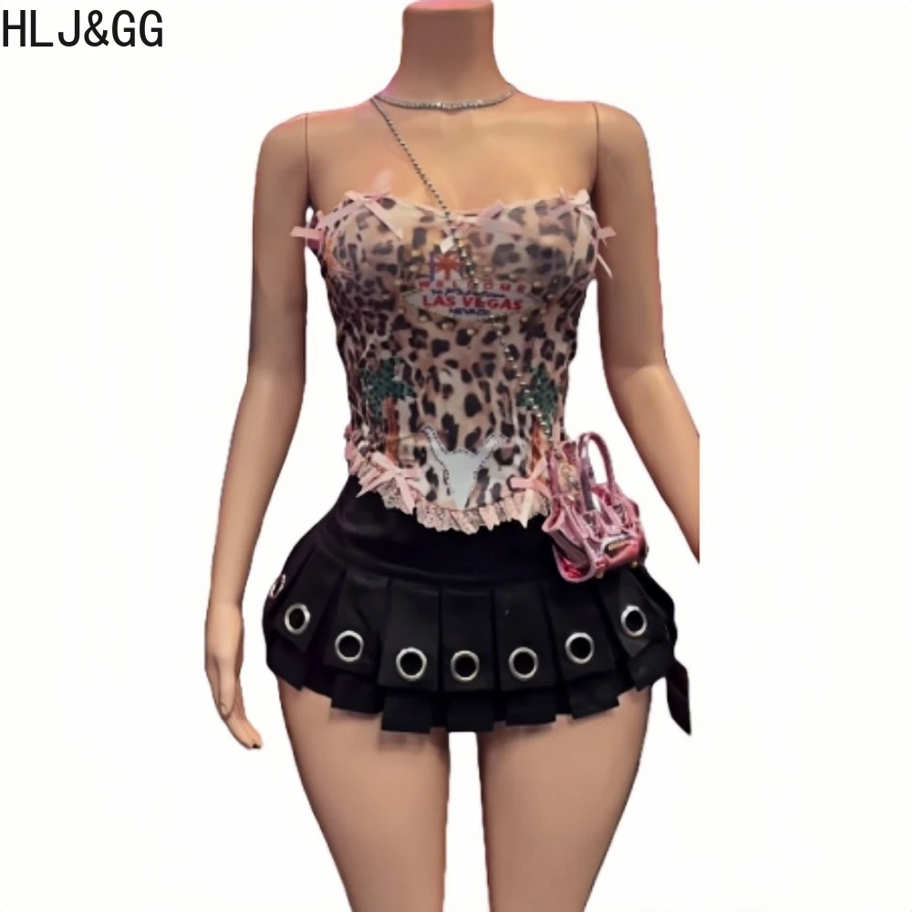 HLJ&GG Y2K Fashion Sequin Leopard Shorts Two Piece Sets Women Round Neck Short Sleeve Graphic T Shirts And Shorts Outfits 2025