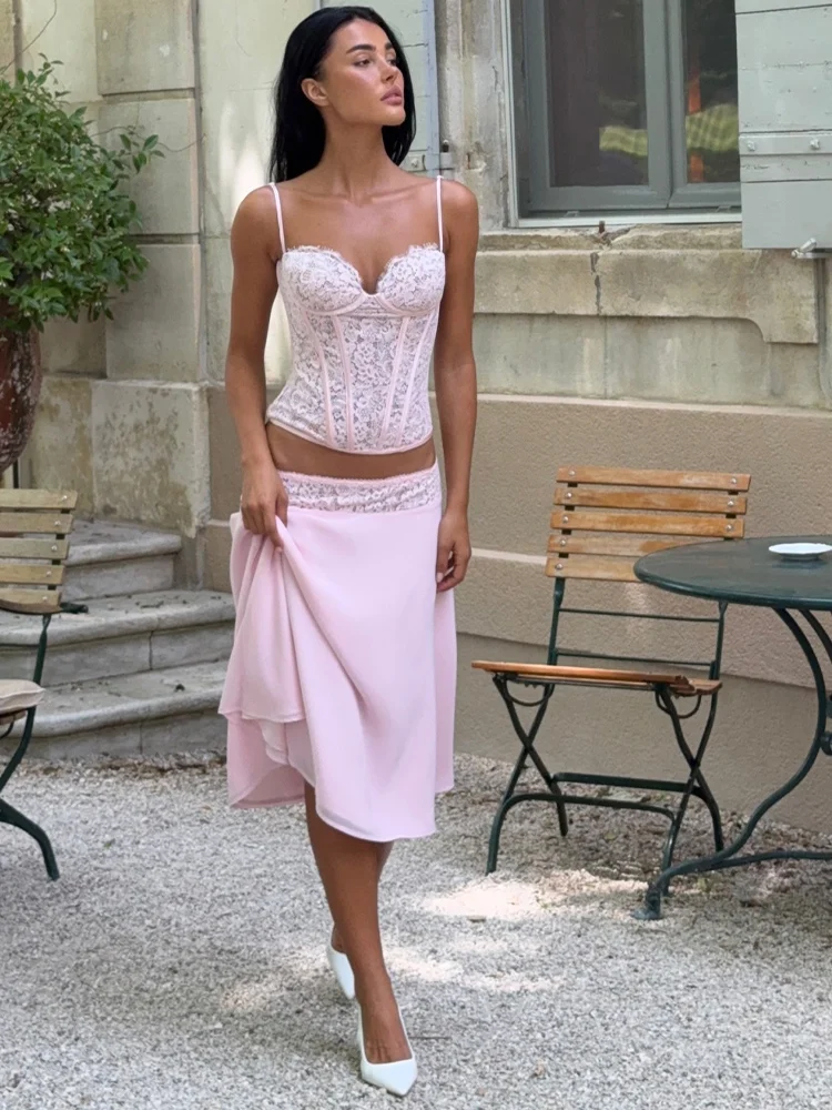 Sexy Lace Vest Skirt Set Women Beach See Through Sling Crop Tops Patchwwork Skirts 2026 Summer Autumn Vacation Lady Suits New