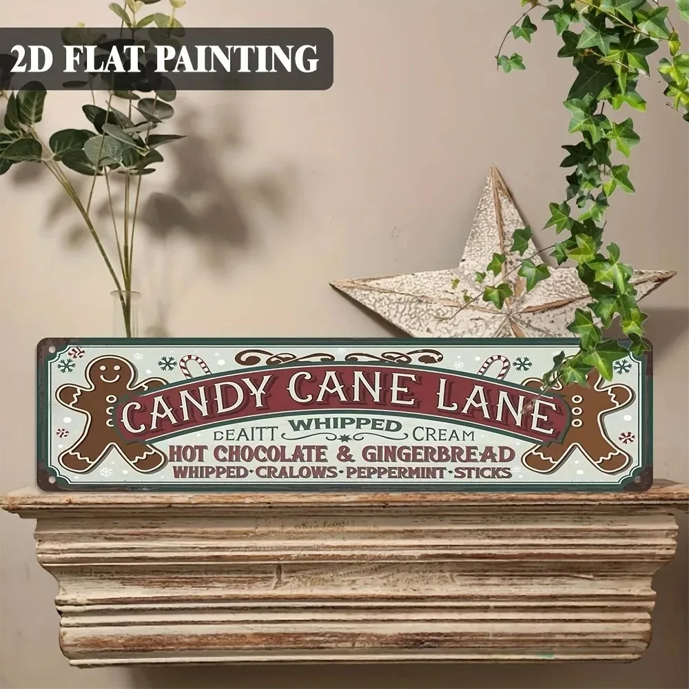 1pc 2D Flat Custom Candy Cane Alley Metal Sign 4x16Inch 10.16x40.64cm, Vintage Farmhouse‑Style Wall Plaque, Holiday Gift Ornamen