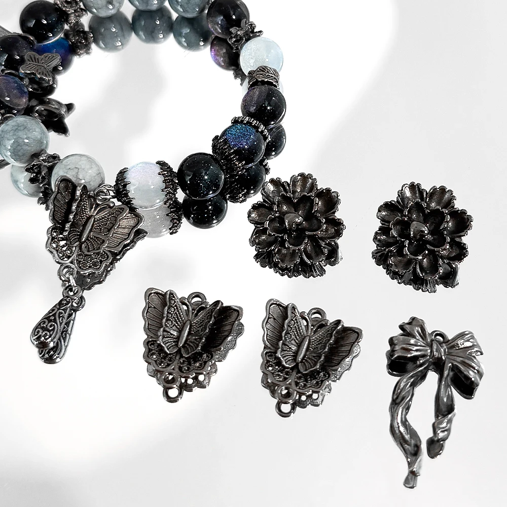 

5pcs/Lot Gun Black Alloy Beads Butterfly Flower Feather Moon Loose Spacer Beads For DIY Bracelet Jewelry Making Accessories