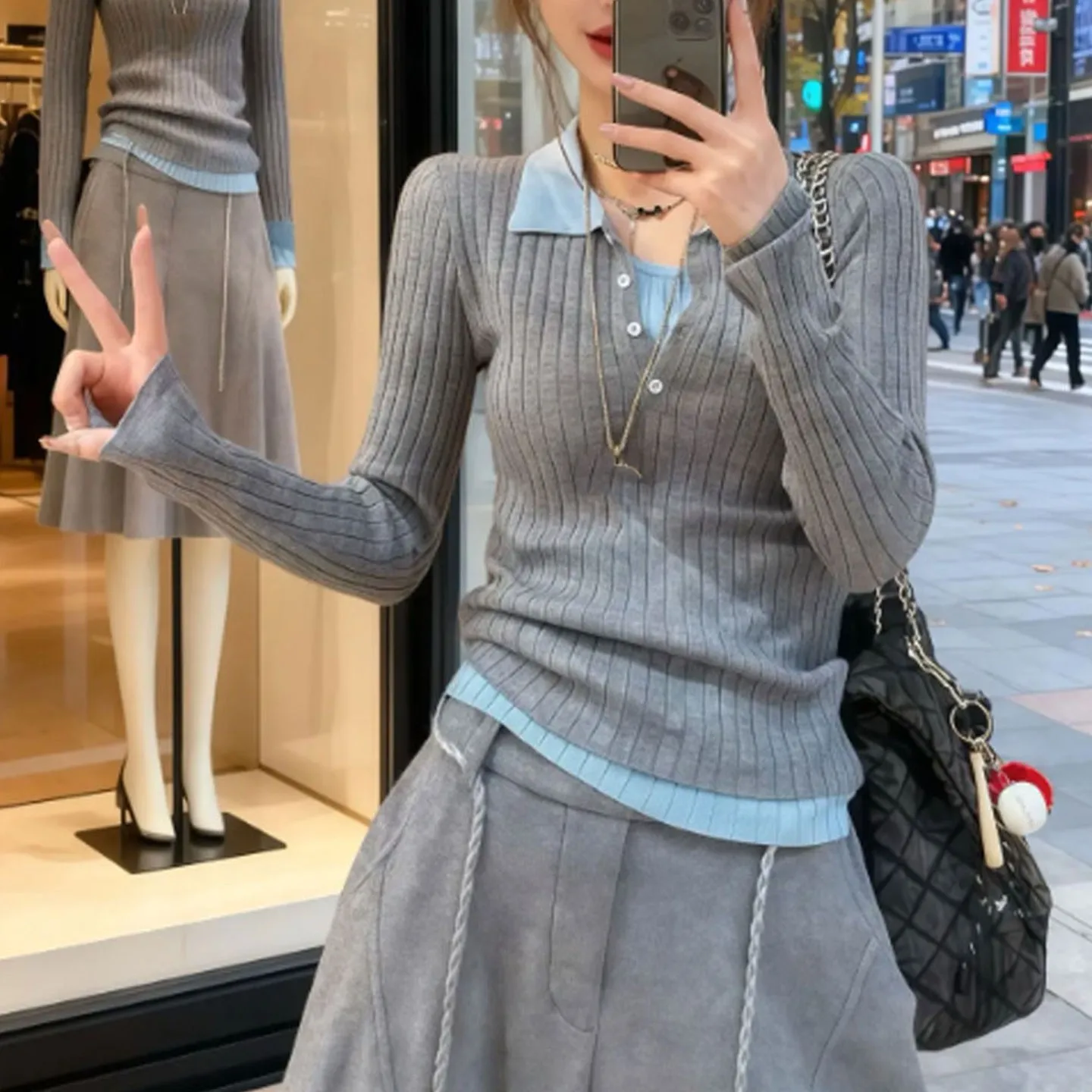 

Корейский вязаный свитер Sle Ne, женский облегающий внутренний свитер, полосатый топ, осенне-зимний ансамбль Faion, искусственный комплект из двух предметов