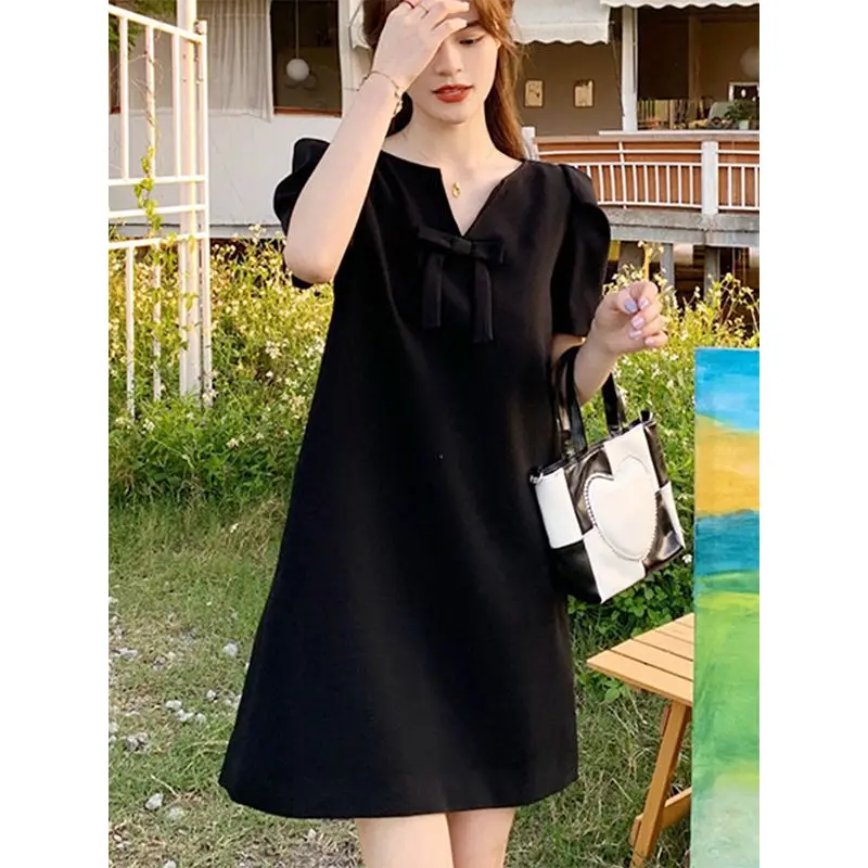 

V Neck Puff Sleeve Mini Dress With Bow Detail Elegant Casual Summer Style Women's Fashion A Line Loose Fit Dress