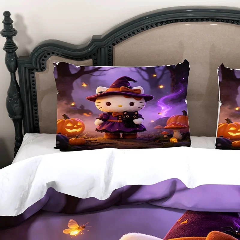Kawaii Witch Hello Kitty Bedding Set, Pointed Purple Witch Hat Firefly Duvet Cover, Halloween Christmas Present For Teen Girls