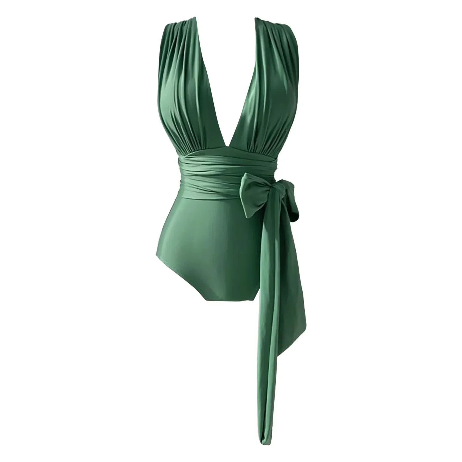 Bikini calado Sexy de Color puro, traje de baño plisado con cordones y cuello Halter sin espalda, traje de baño de una pieza, traje de baño Retro de Instagram