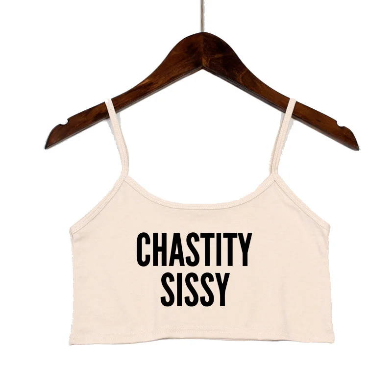 SISSY IN CHASTITY Letters Summer Women\'s Crop Top Sexy Elastic Cotton Camis Sleeveless Short Tank Top Bar Hot Tops for Women