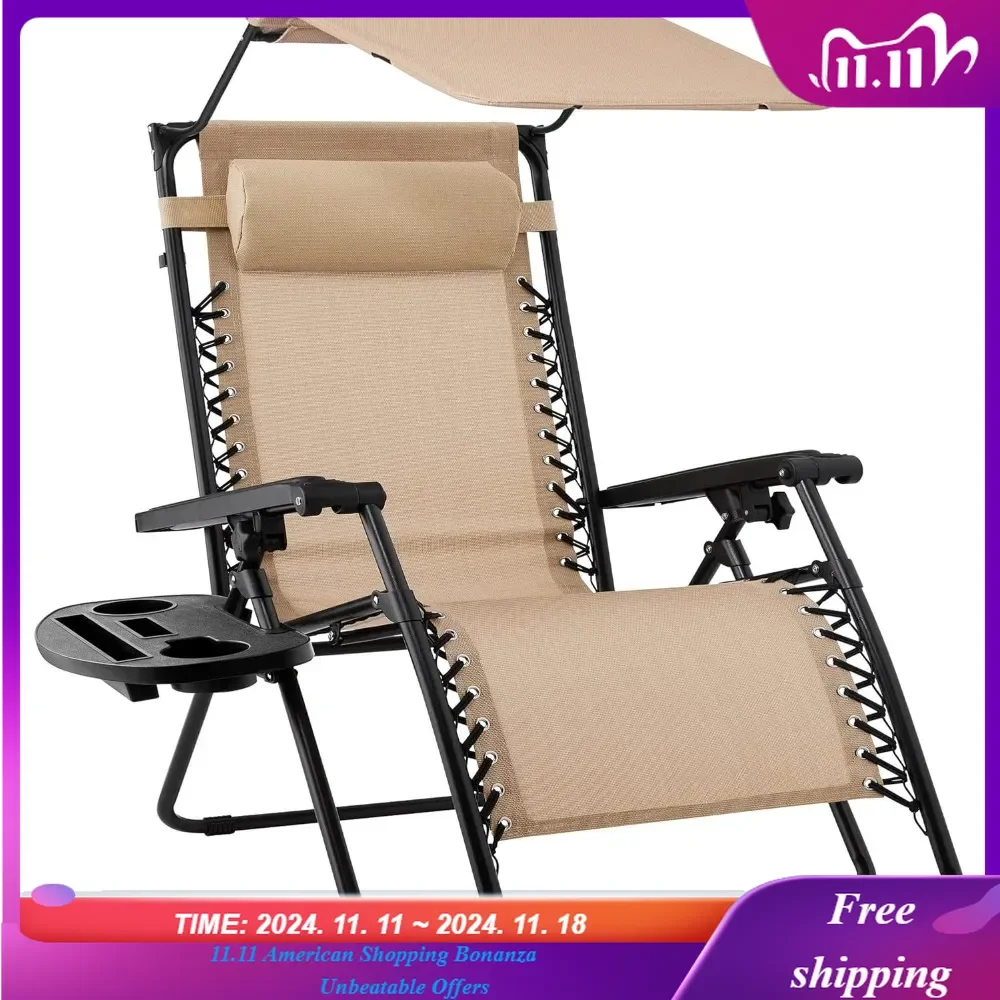 

Folding Zero Gravity Outdoor Recliner Patio Lounge Chair w/Adjustable Canopy Shade, Headrest, Side Accessory Tray, Mesh - Beige