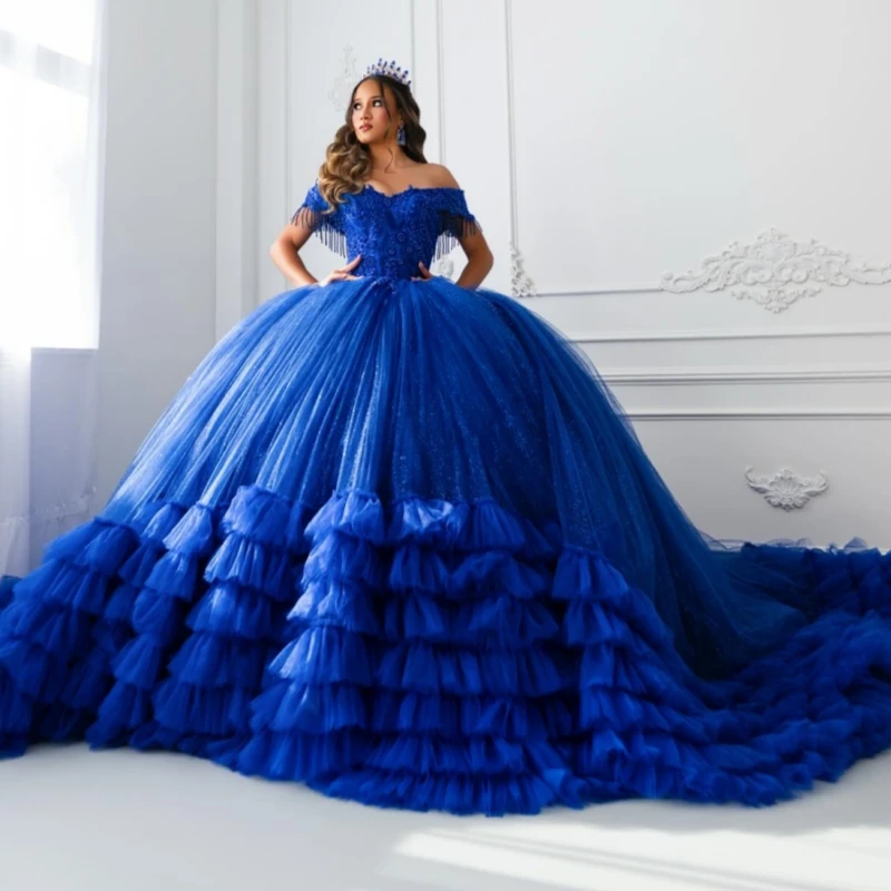 

Royal Blue Shiny Quinceanera Dresses Off The Shoulder Applique Beading Crystal Tiered Tull Party Birthday Sweet 16 Dress Vestido