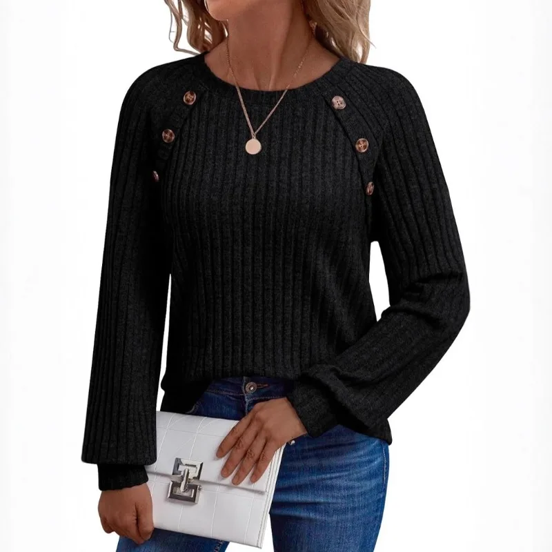 

2025 Women's New Style Pit Strip Fashion Knitted Top Long Sleeve Button Round Neck Top