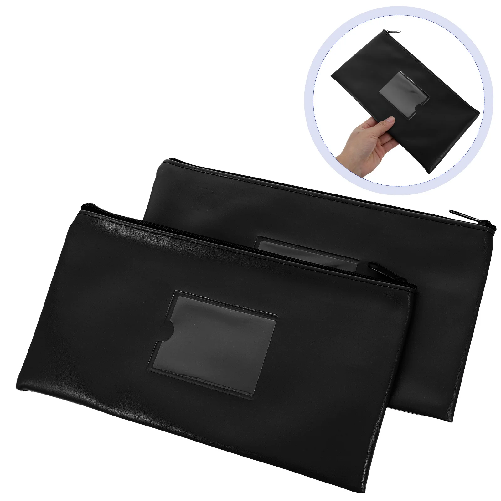 2Pcs Money Bank Deposit Bag Faux Zipper Cash Coin Pouch with Transparent Card Slot Organizer