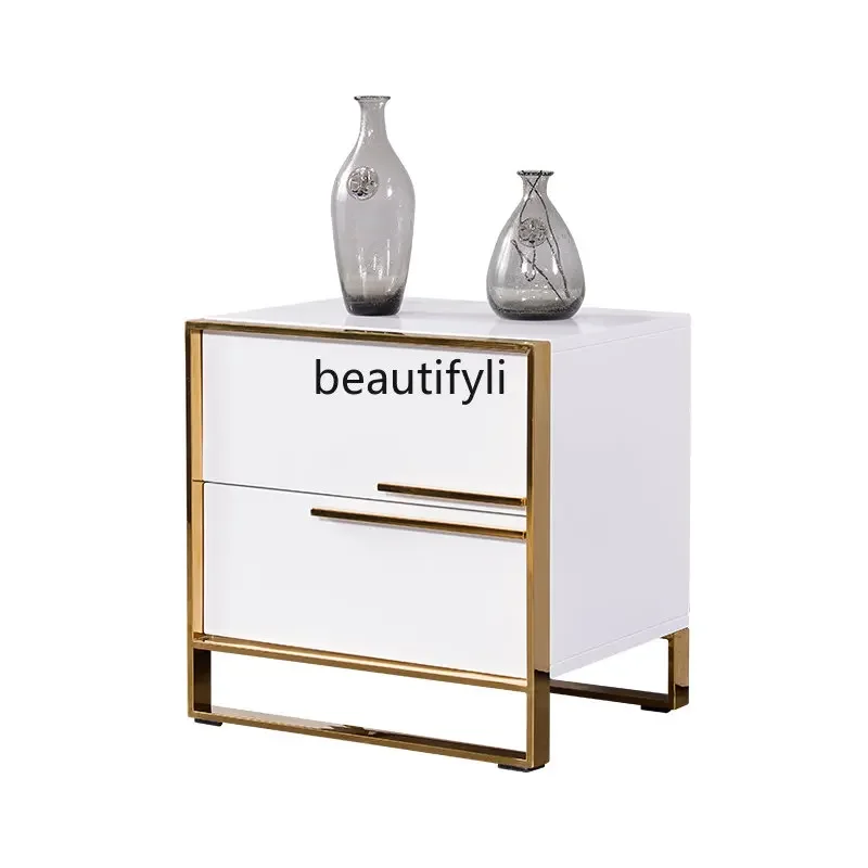 

Post-Modern Piano Paint Bedside Table Simple and Light Luxury Stainless Steel Bedroom Storage Side Cabinet furniture