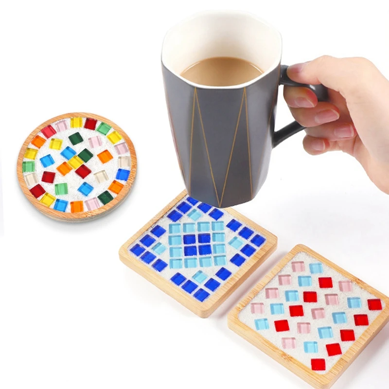 4 Sets DIY Glass Mosaic Coaster Tiles For Crafts Mixed Color Mosaic Kits With Wooden Coaster For Adults Mosaic Crafts