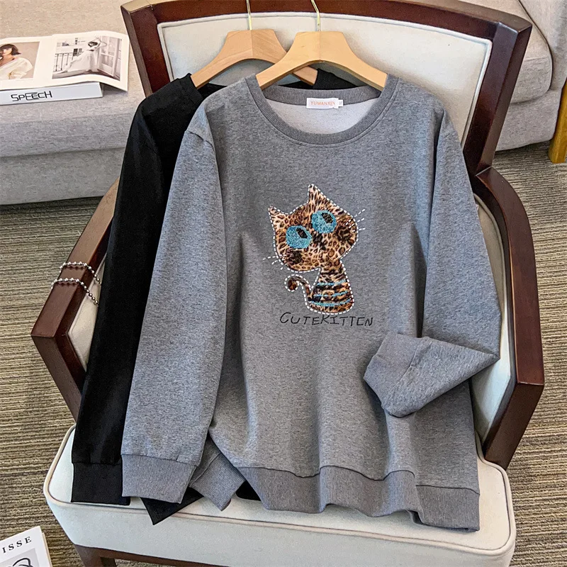 

175 кг, большие размеры, женский бюст 170, осенний свободный свитшот с круглым вырезом и длинными рукавами, кошка, черный, серый, 4XL, 5XL, 6XL, 7XL, 8XL, 9XL