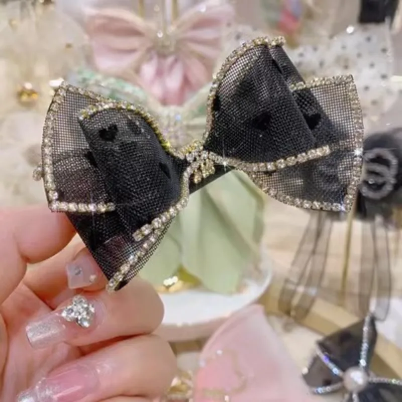 Korean Mesh Bow Rhinestone Hair Clips for Women Girls Elegant Hairpins Temperament Ponytail Clip Headdress Hair Accessories