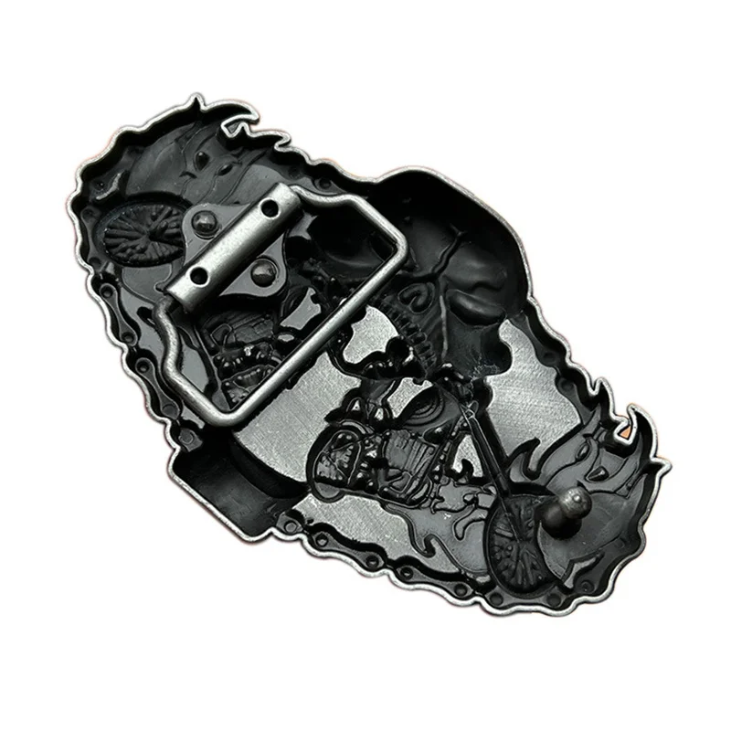 Skull Motorcycle Western Style Belt Buckle - Black Leather Biker Accessory