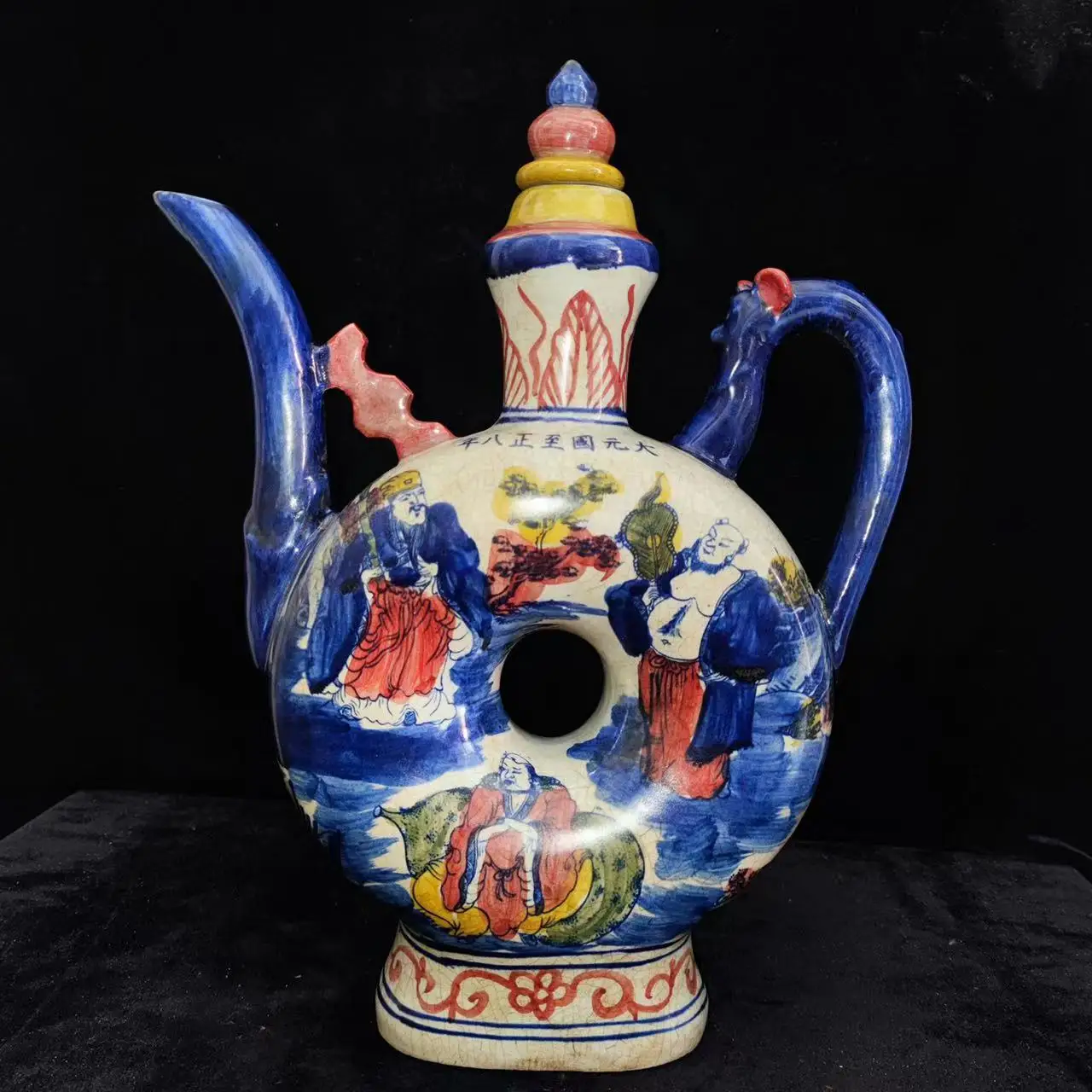 Rare Yuan Dynasty porcelain pastels glaze 8 fairy big teapot,38cm(H)