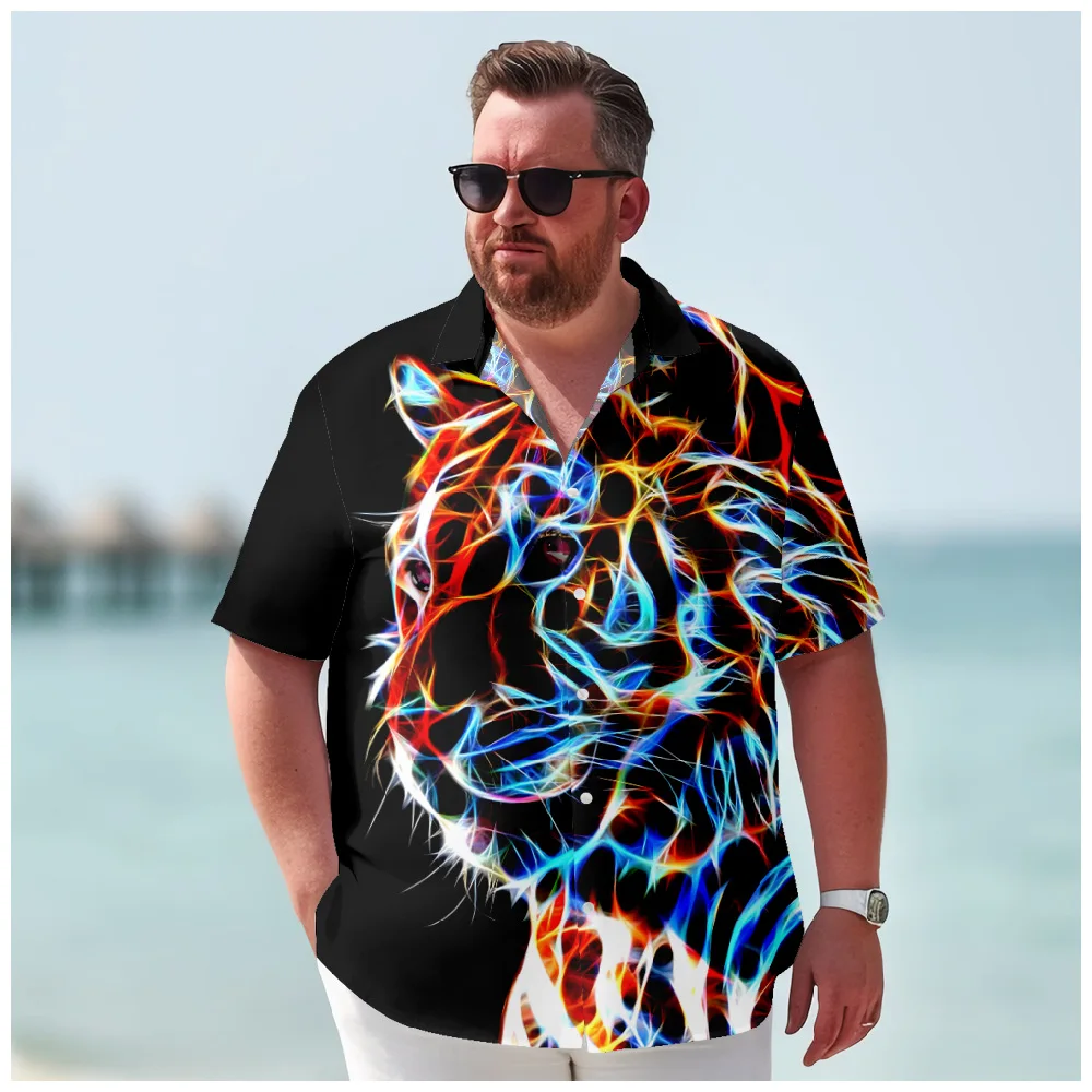 

Neon Tiger Geometry Shirts Printed Hawaiian Graphics Dress Shirt Buttons Short Sleeve Big Size Streetwear Casual Men Clothing