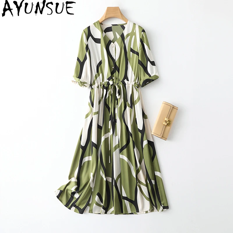

AYUNSUE 92% Natural Mulberry Silk Dresses for Women High Quality Printing Womens Clothing Summer 2024 Long Dress Vestido Mujer