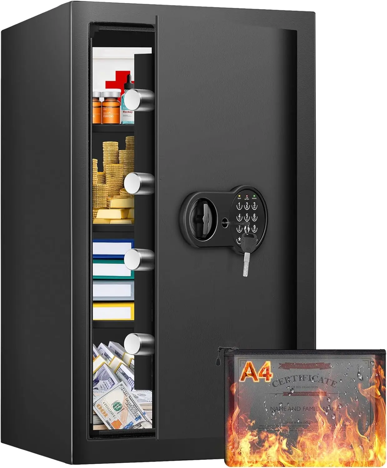 27.56'' Fireproof Safe Box with Digital Keypad, Waterproof Bag & Removable Shelves for Home Security