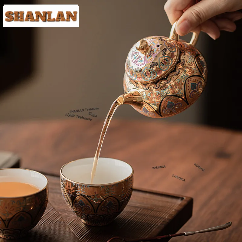 HOYIHM Dunhuang Gilded Exquisite Tea Set Complete Set Antique Tea Ceremony Set Tea Maker Teapot And Tea Cup Set Teaset Supplies