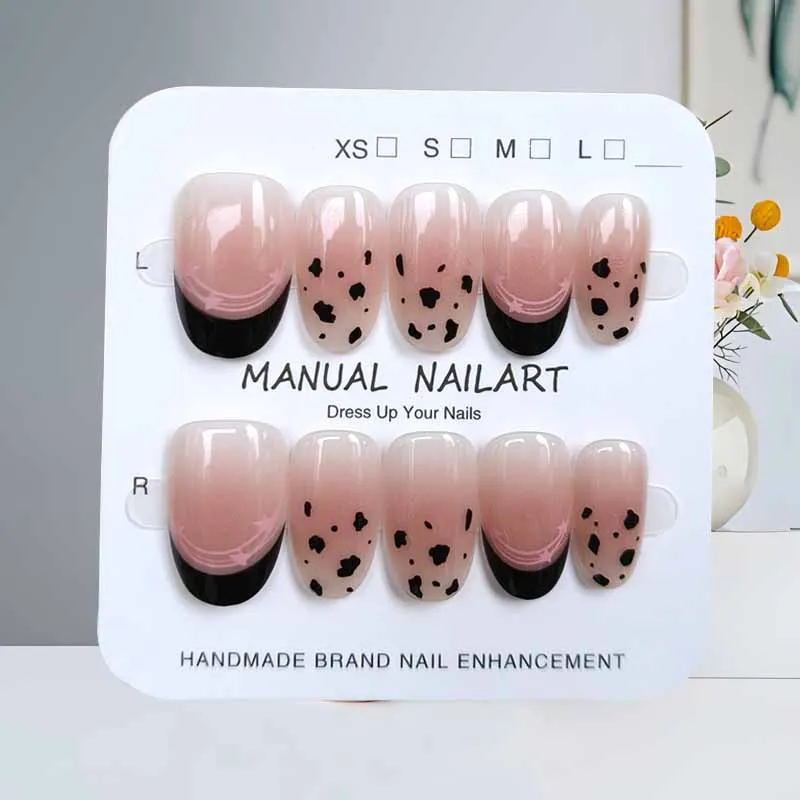 10 pièces Style français imprimé léopard Ellipse courte et à pois bleus Nail Art presse sur ongles Simple court amande forme faux ongles