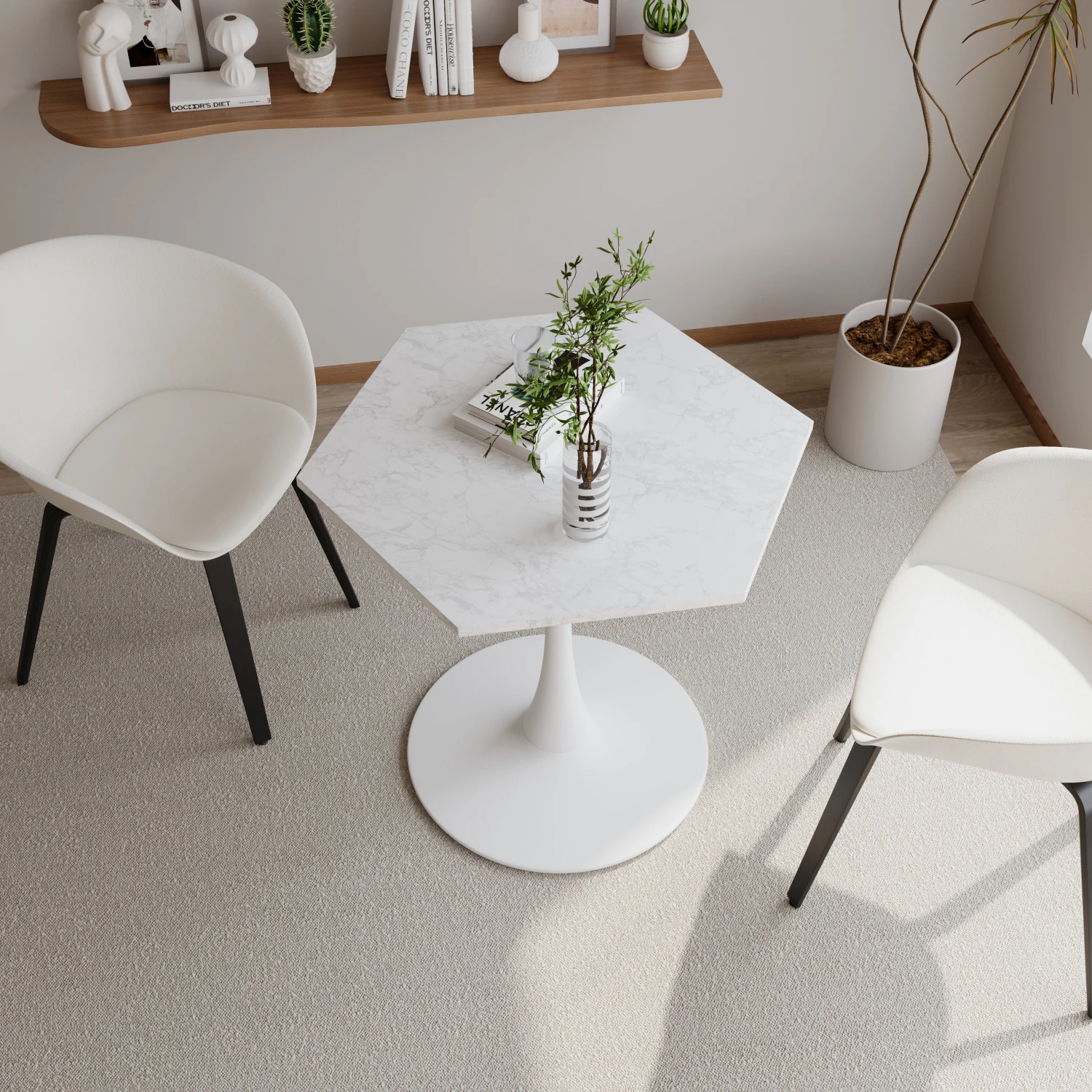 Modern Hexagonal Coffee Table with White Marble Top and Metal Base - Ideal for Dining, Kitchen, Living Room