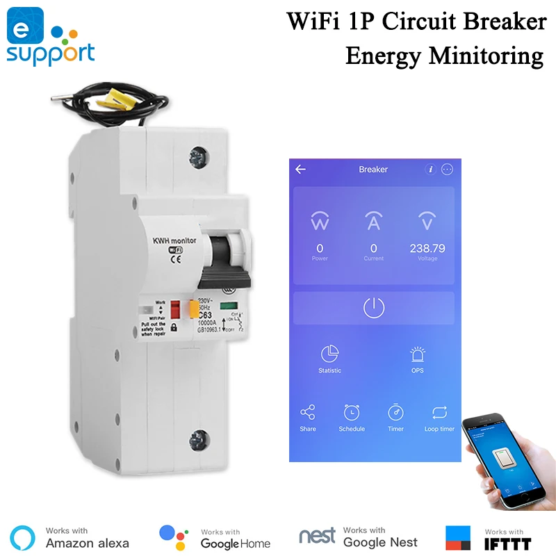 

eWelink 1P Energy Monitoring WiFi Circuit Breaker APP Wireless Control Smart MCB Work with Alexa Echo Google Assistant IFTTT