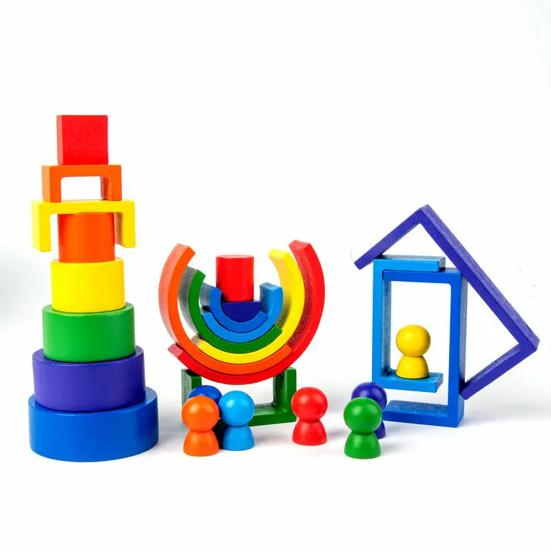 Rainbow Blocks Stacker 3 Set Natural Wood Stacking Toy Children Rainbow Building Block Education Kindergarten Supplies Baby Game