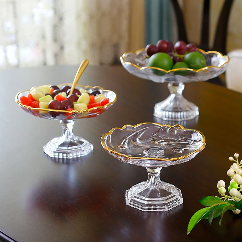 Bell Flower Glass Stilt Fruit Plate Gold Border Dried Fruit Breakfast Dishes Delicate Salad Bowl Table Top Jewelry Display Plate