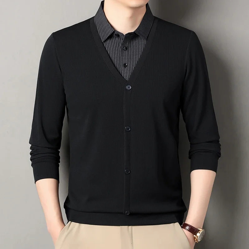 2026 New Men's Fake Two Piece Polo Shirt Casual Fashion Long Sleeve Collar T-shirt Versatile Top