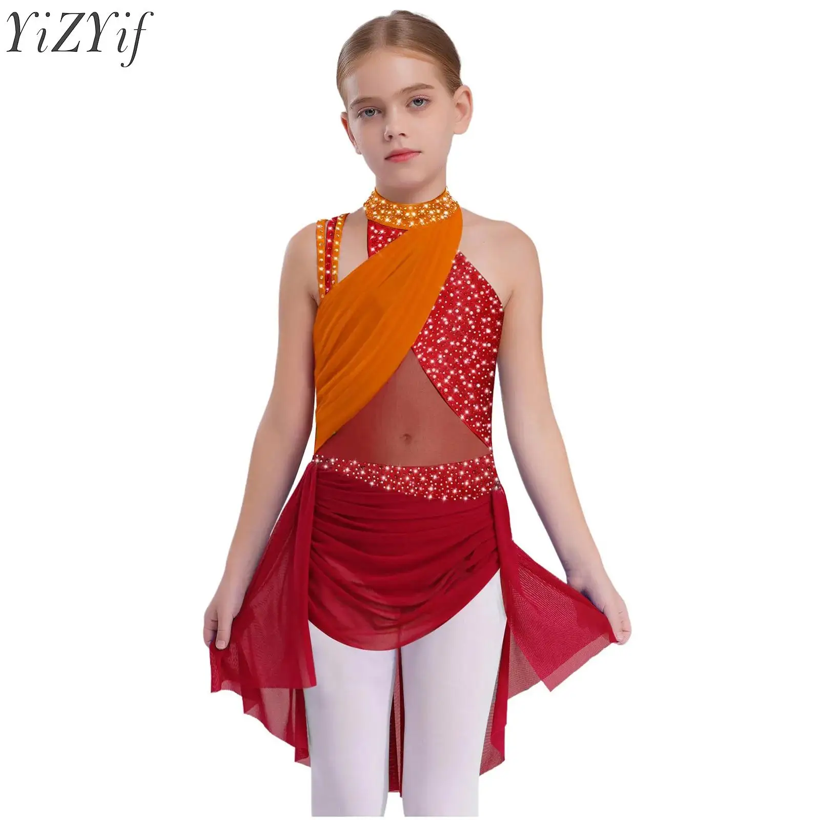 

Kids Girls Ballet Leotard Dress Rhinestones Figure Skating Dance Performance Costume Sleeveless Strappy Back Lyrical Dresses