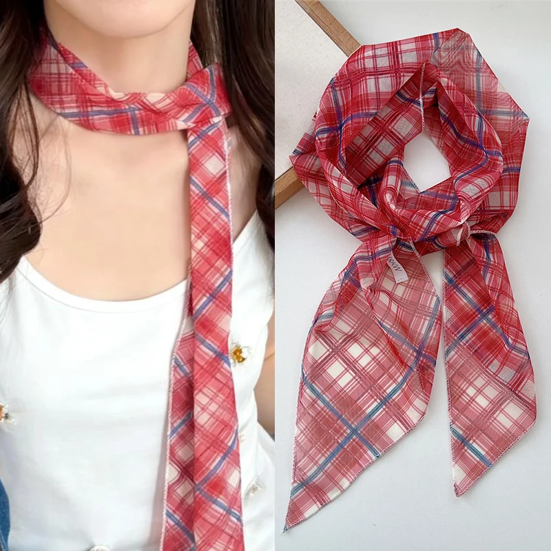 

Fashion Lace Mesh Long Scarf Korean Plaid Floral Print Lightweight Neckerchief Versatile Neck & Hair Accessory