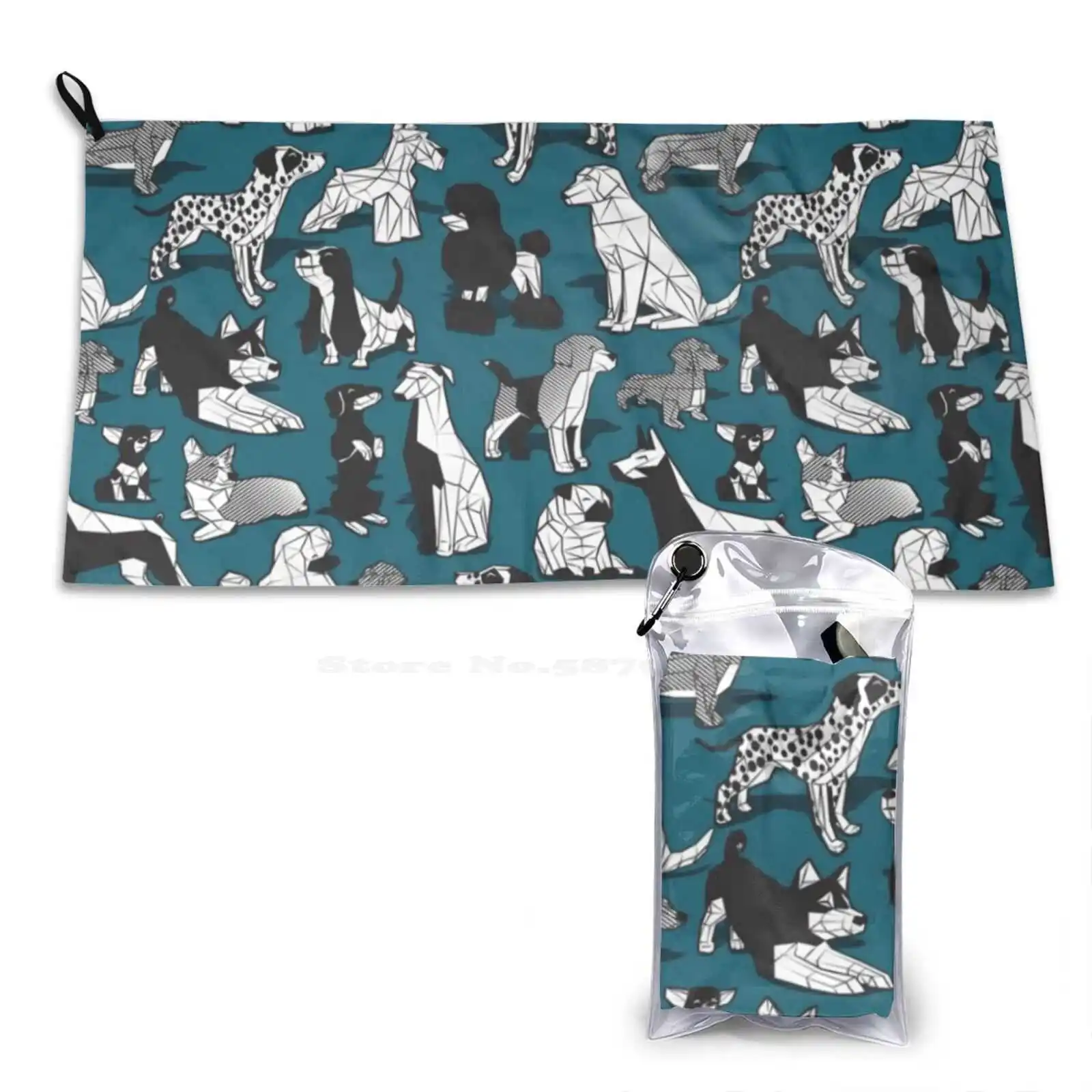 Geometric Sweet Wet Noses / / Dark Teal Background Black And White Dogs Gym Outdoor Sports Fitness Towel Bath Washcloth Dogs